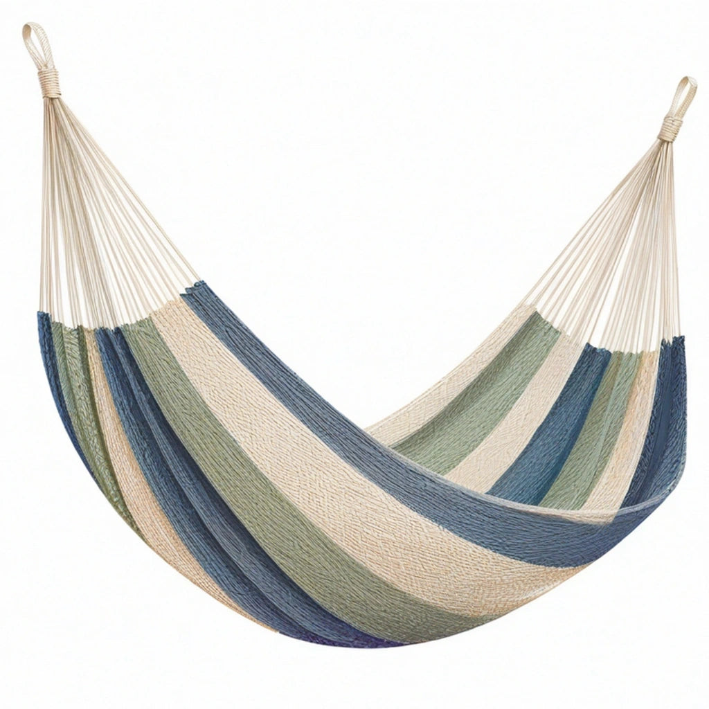 Amaca 200 x 100 cm in cotone blu verde e beige - sospesa a righe