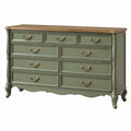 Cassettiera 160 x 45 x 90 cm in legno verde salvia con 9 cassetti stile classico