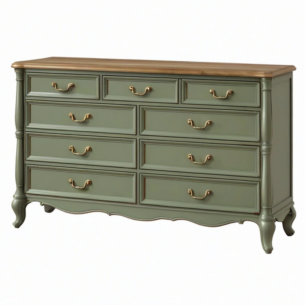 Cassettiera 160 x 45 x 90 cm in legno verde salvia con 9 cassetti stile classico