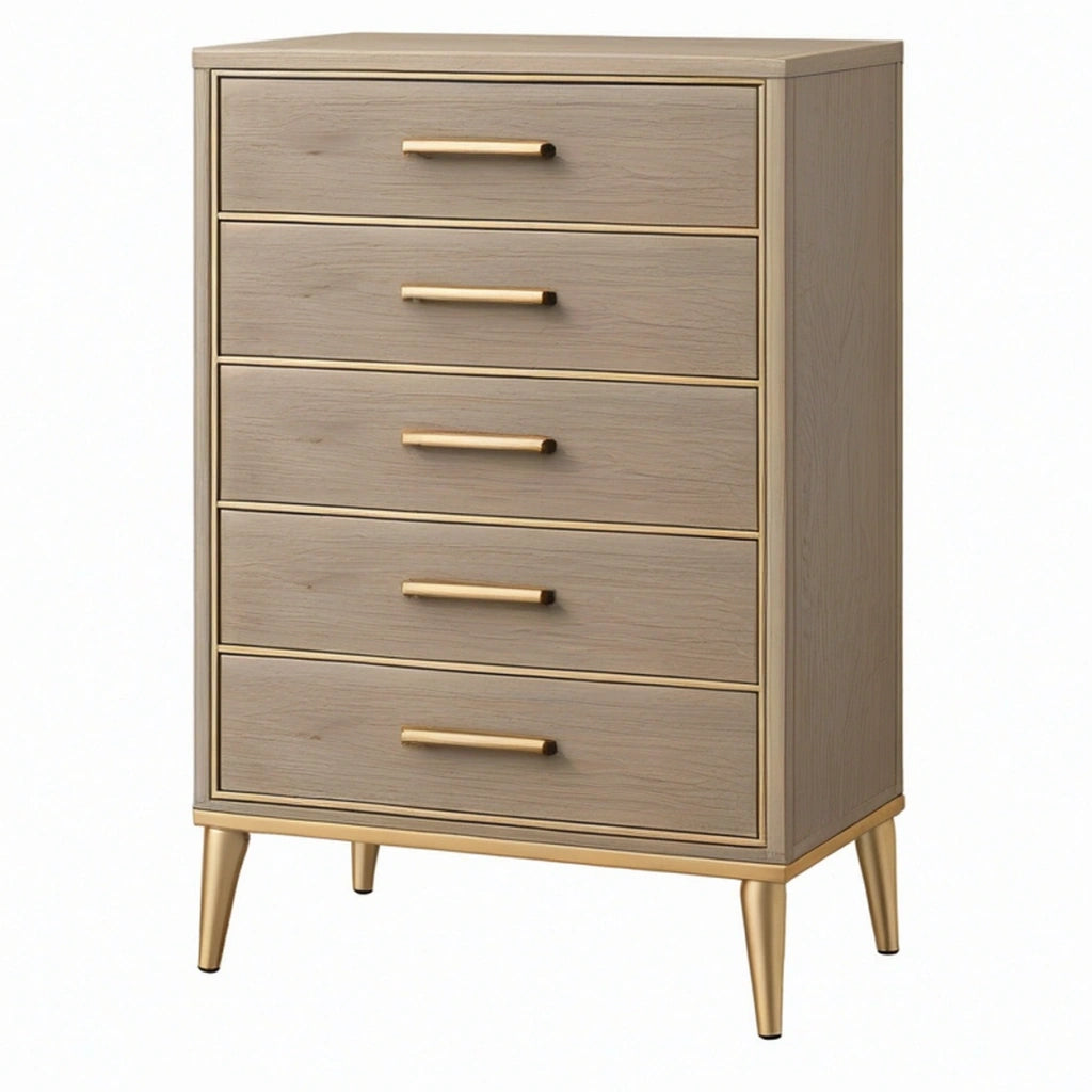 Cassettiera 80 x 40 x 120 cm effetto legno beige con 5 cassetti e dettagli dorati