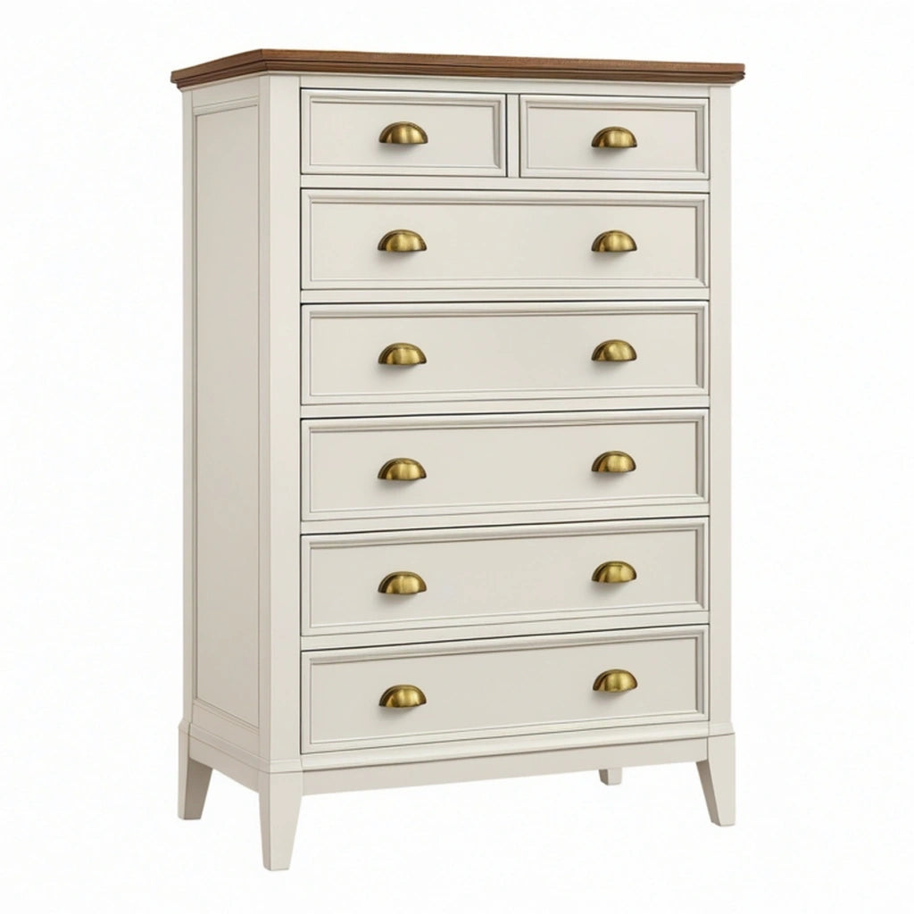 Cassettiera 90x45x125 cm in legno bianco e marrone stile classico con 7 cassetti