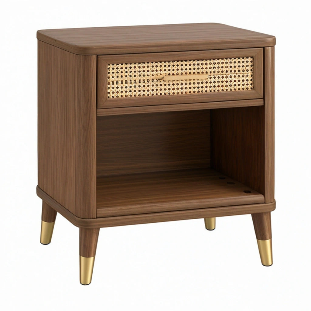 Comodino 45 x 40 x 60 cm effetto legno noce con rattan e cassetto stile retrò