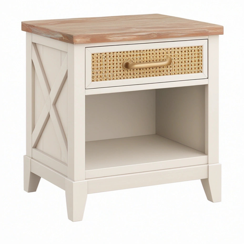 Comodino 45 x 40 x 60 cm in legno beige con cassetto in rattan - stile rustico