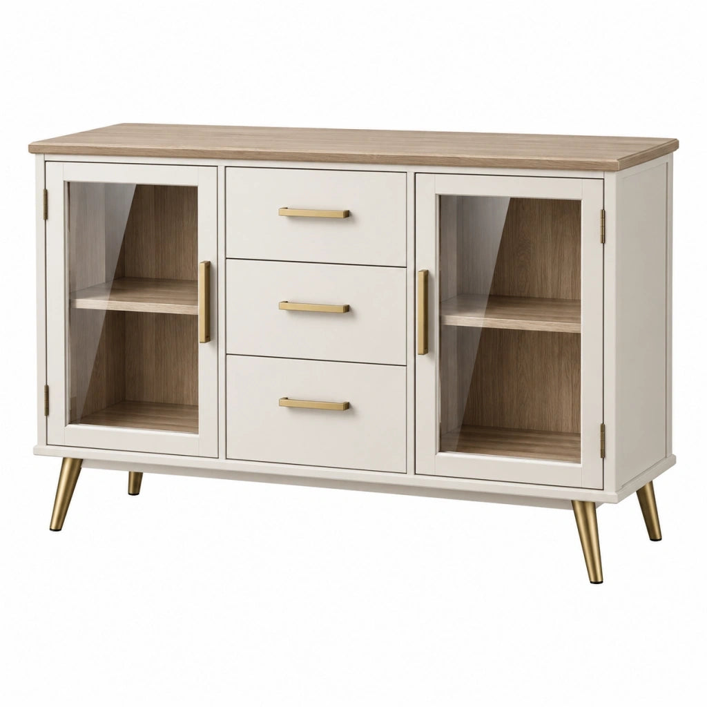 Credenza 140 x 40 x 85 cm in legno bianco e rovere con vetrine stile moderno