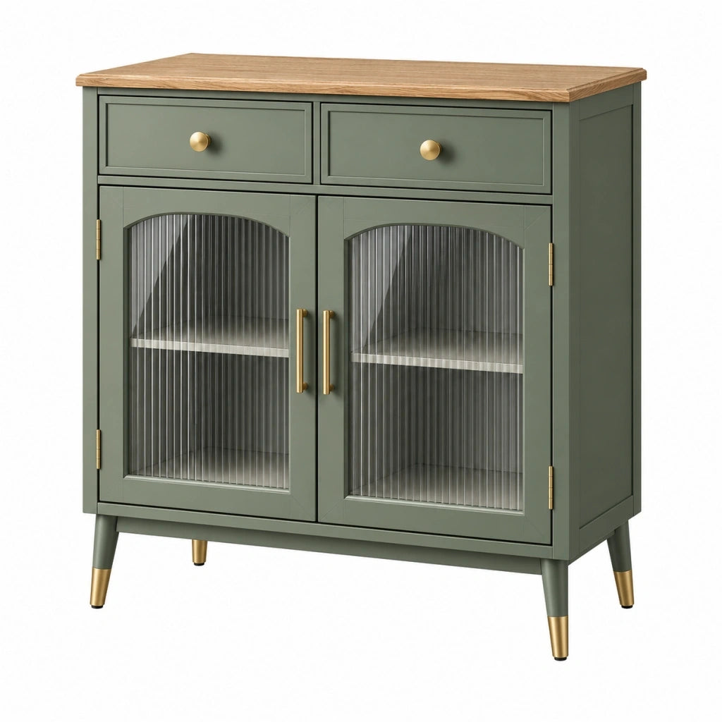 Credenza 90 x 40 x 95 cm in legno verde con ante in vetro scanalato stile moderno