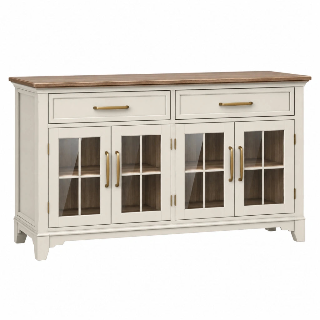 Credenza 150 x 45 x 90 cm in legno bianco e marrone con ante in vetro stile classico