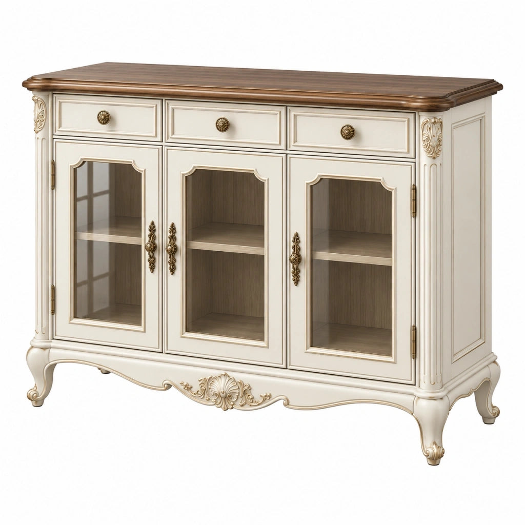 Credenza 160 x 45 x 100 cm in legno avorio e marrone con ante vetrate stile classico