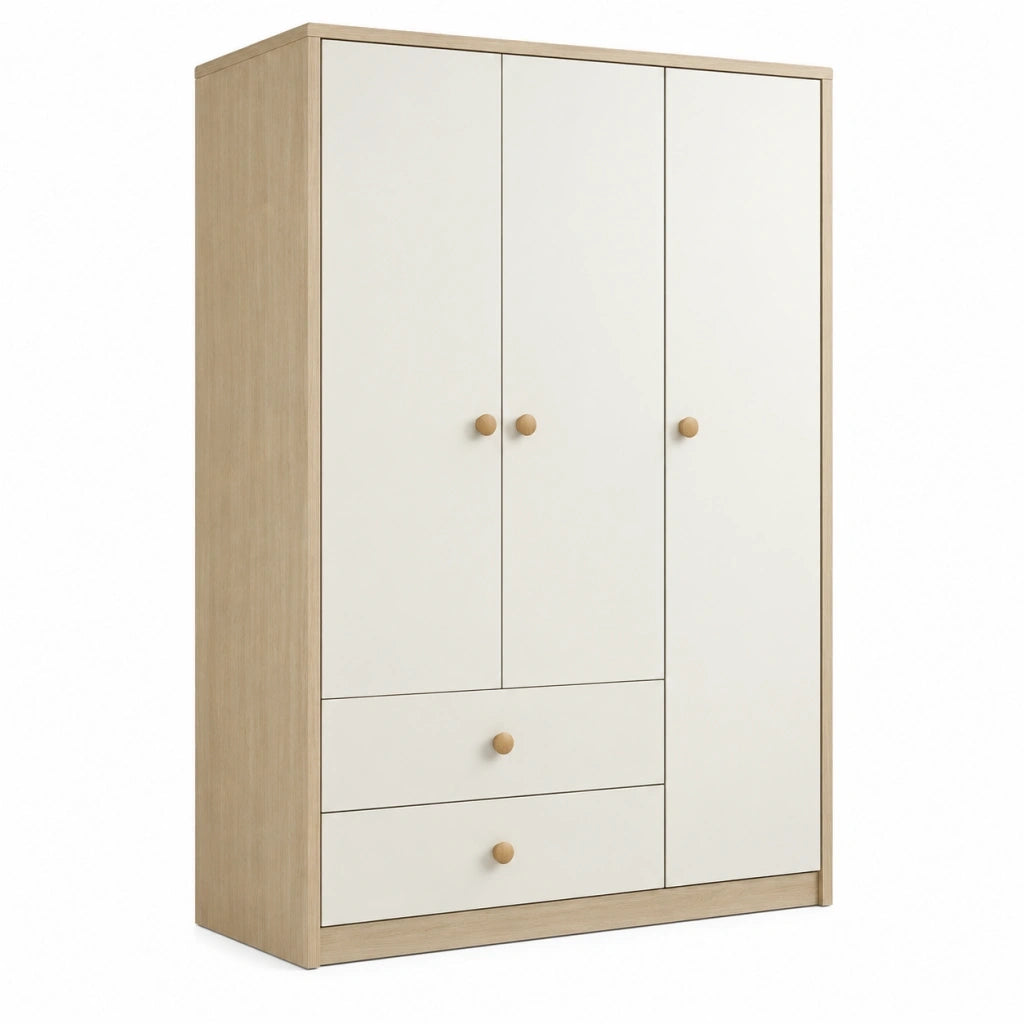 Armadio 120 x 50 x 200 cm in legno bianco e rovere con 3 ante e 2 cassetti