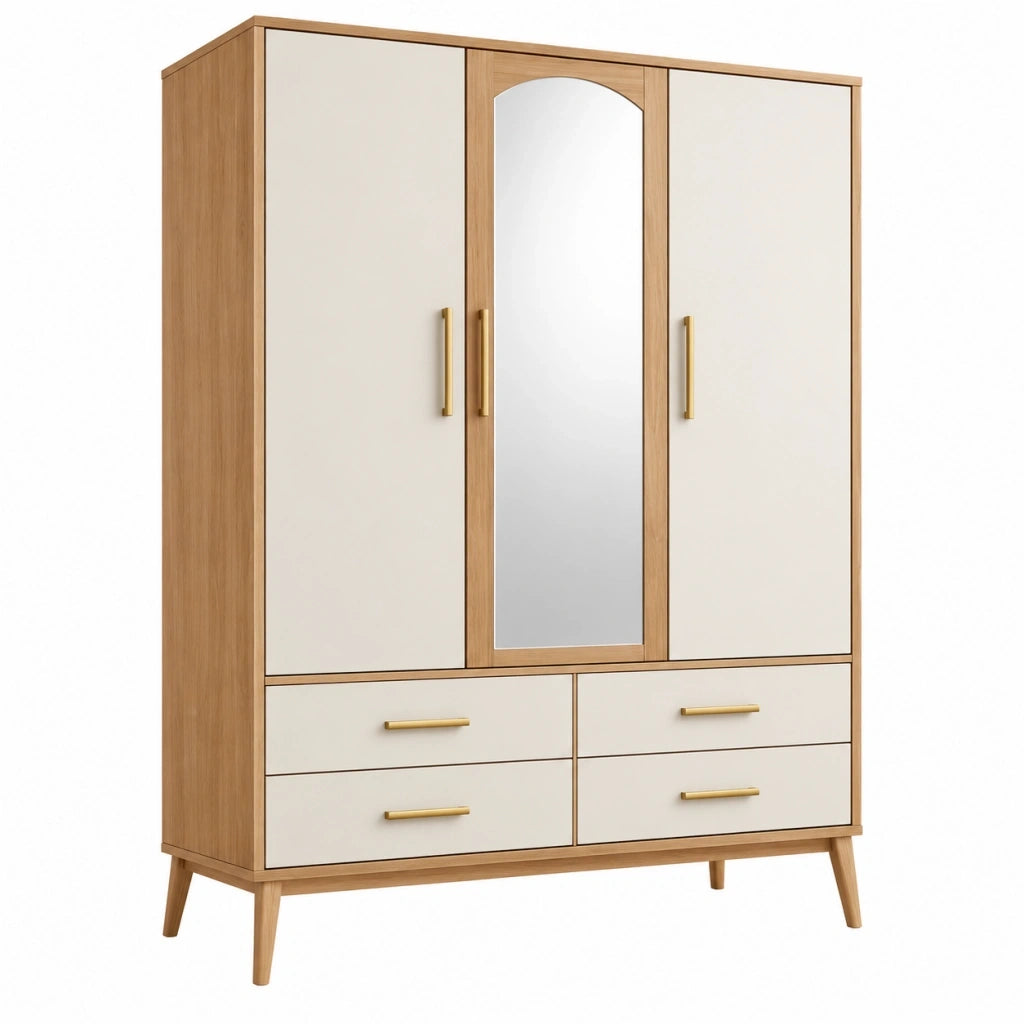 Armadio guardaroba 120 x 50 x 190 cm effetto legno naturale e bianco con specchio stile moderno