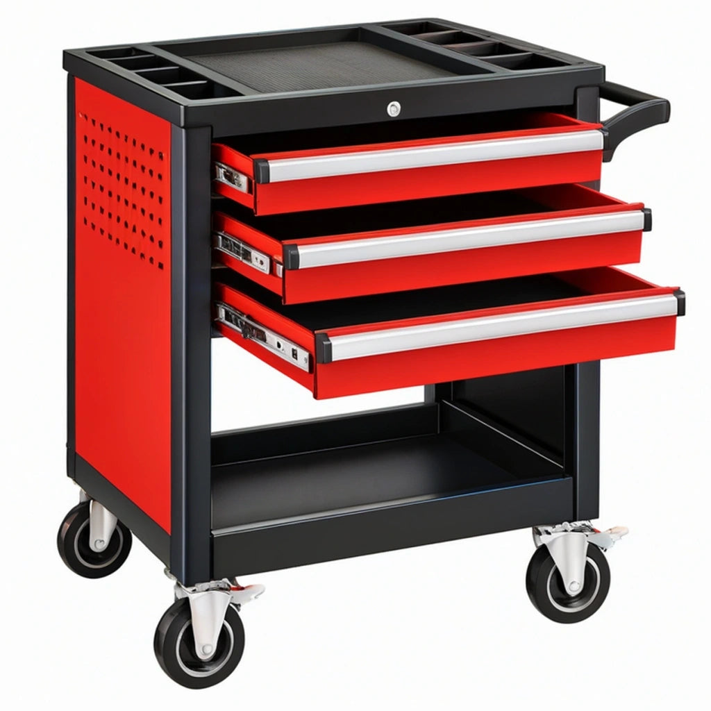 Carrello portautensili 80 x 45 x 95 cm in acciaio rosso e nero con 3 cassetti e ruote