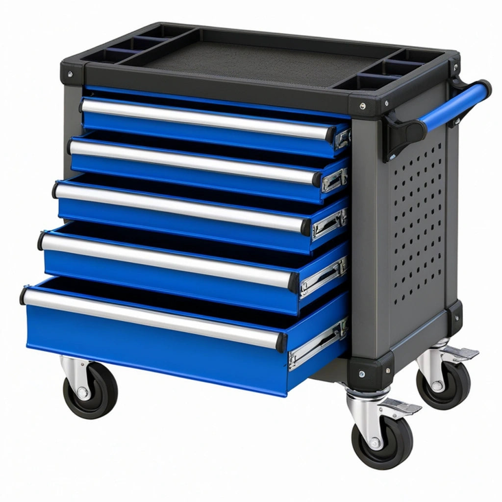 Carrello portautensili 78 x 46 x 95 cm in metallo blu e nero con 5 cassetti per officina