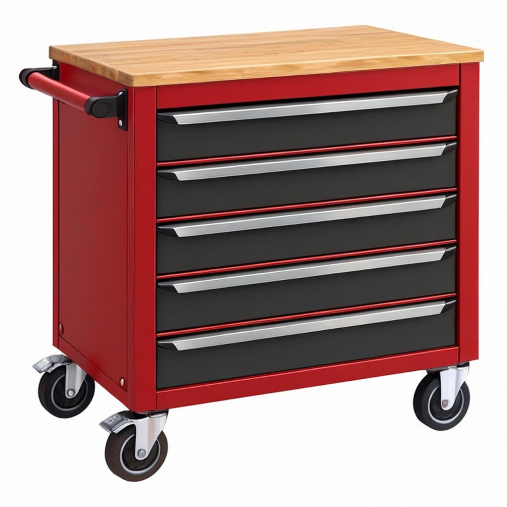Carrello portautensili 77 x 46 x 97 cm in acciaio rosso con piano in legno e 5 cassetti
