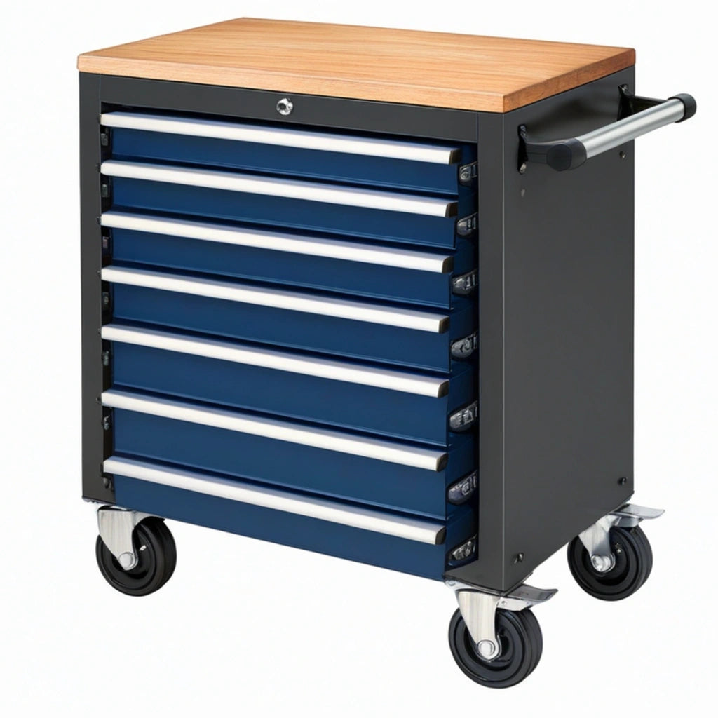 Carrello portautensili 77 x 46 x 95 cm in acciaio blu e nero con 7 cassetti piano in legno e ruote