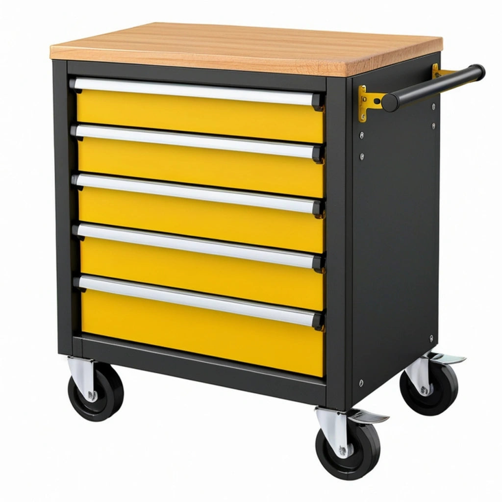 Carrello portautensili 70 x 46 x 86 cm in acciaio nero e giallo con 5 cassetti piano in legno e ruote