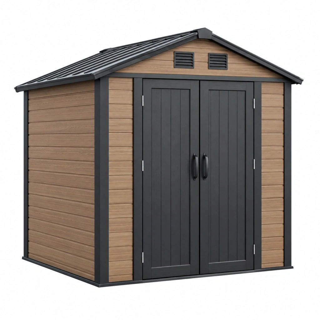 Casetta da giardino 185 x 122 x 210 cm in resina marrone e antracite con doppia porta ventilata