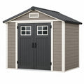 Casetta da giardino 183 x 122 x 190 cm in resina grigio e antracite con doppia porta e finestre