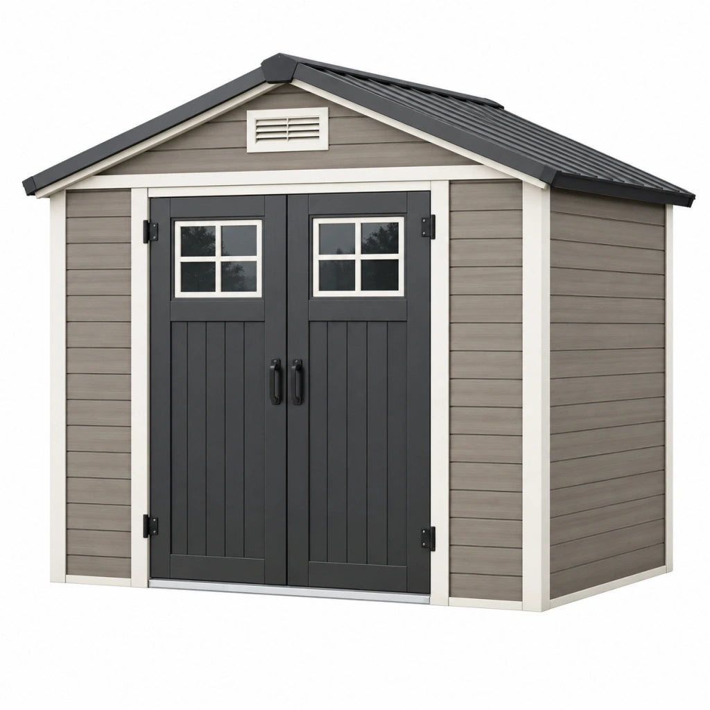 Casetta da giardino 183 x 122 x 190 cm in resina grigio e antracite con doppia porta e finestre