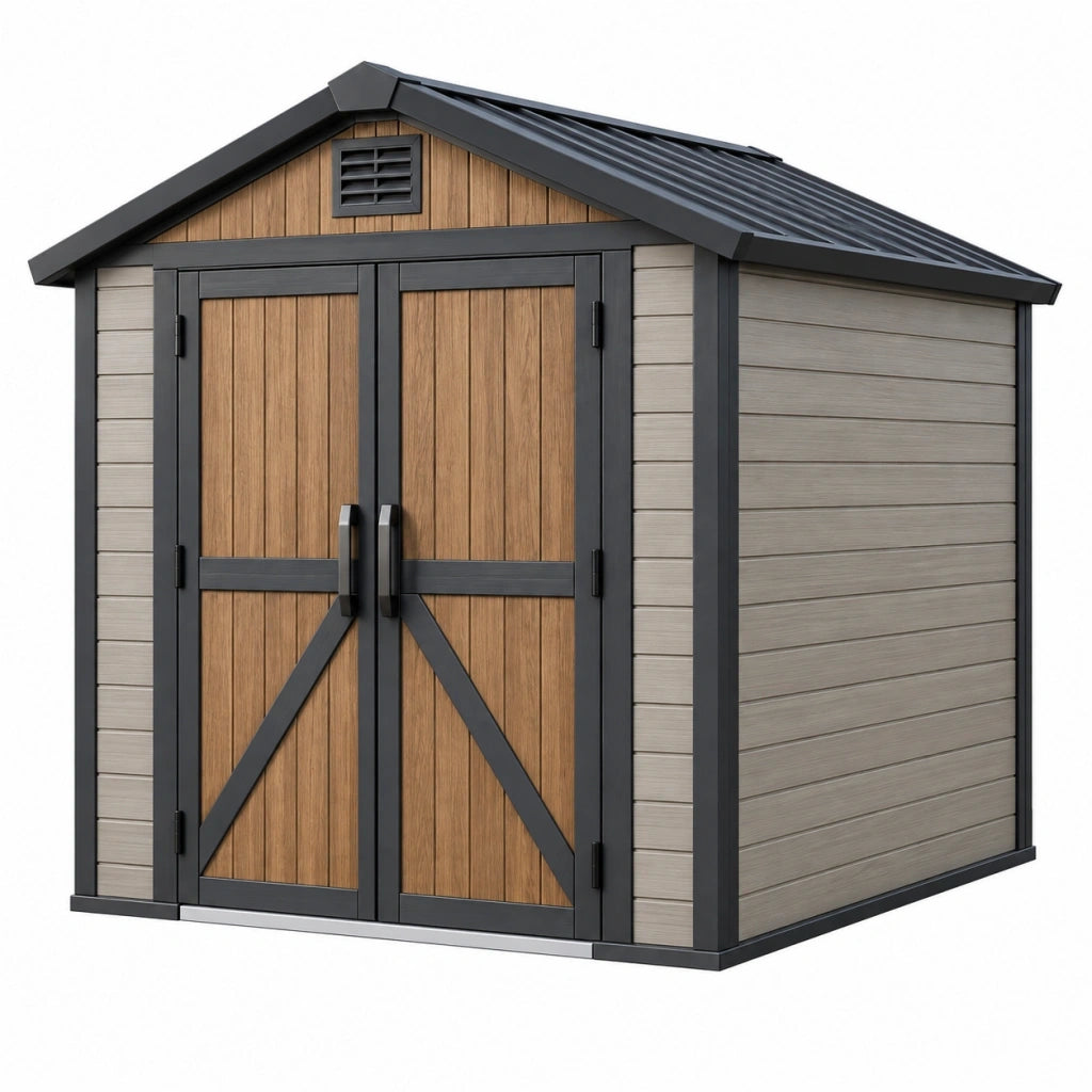 Casetta da giardino 180 x 120 x 190 cm in resina grigio/marrone con doppia porta per attrezzi